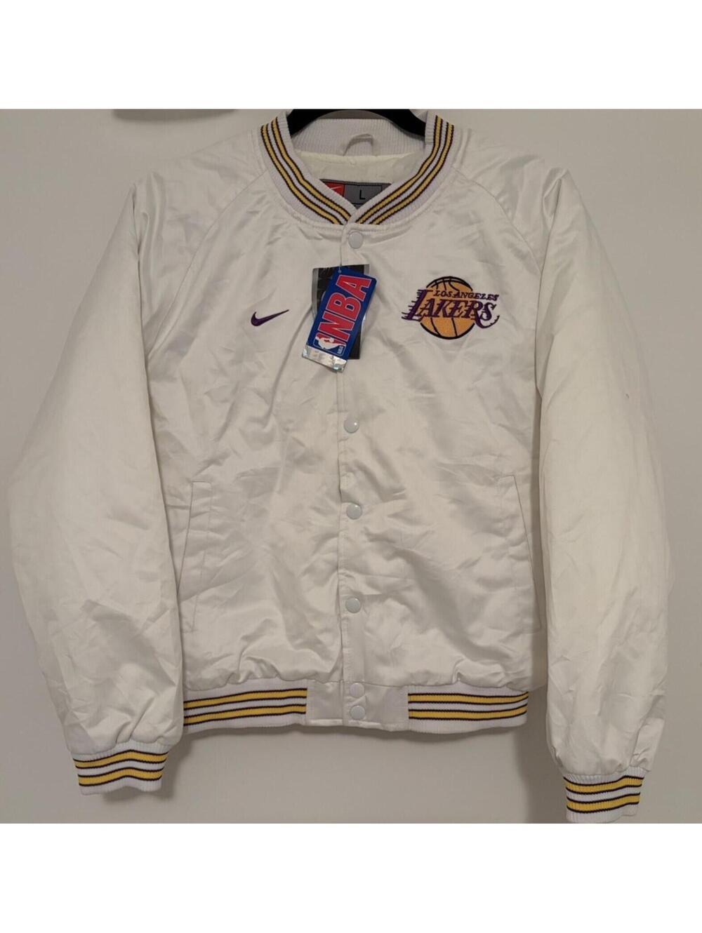 Vintage NBA Nike LA Los Angeles Lakers White Satin Bomber Jacket Youth Large NEW